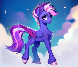 Size: 704x600 | Tagged: safe, derpibooru exclusive, imported from derpibooru, oc, oc only, oc:shadow galaxy, pegasus, pony, ai content, ai generated, cheek fluff, chest fluff, cloud, ethereal mane, female, fluffy, generator:purplesmart.ai, generator:stable diffusion, hooves, looking at you, mare, night, prompter:shad0w-galaxy, smiling, solo, starry mane, starry tail, stars, tail, unshorn fetlocks