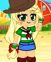 Size: 890x1080 | Tagged: safe, artist:80ssuperstar, imported from derpibooru, applejack, anthro, equestria girls, applejack's hat, barn, boots, clothes, cowboy hat, farm, female, gacha club, hat, pony ears, shoes, solo, tail