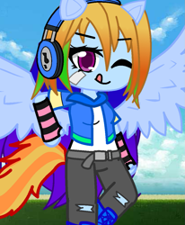 Size: 891x1080 | Tagged: safe, artist:80ssuperstar, imported from derpibooru, rainbow dash, anthro, equestria girls, clothes, female, gacha club, headphones, pony ears, solo, tail, wings