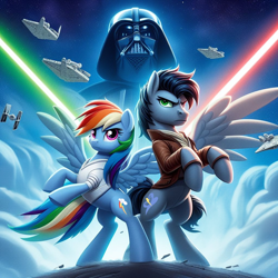 Size: 1024x1024 | Tagged: safe, imported from derpibooru, rainbow dash, soarin', ai content, ai generated, clothes, cloud, darth vader, female, generator:bing image creator, jacket, lightsaber, male, prompter:*rainbow dash*, ship:soarindash, shipping, spaceship, star wars, straight, weapon