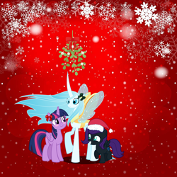 Size: 1000x1000 | Tagged: safe, artist:estories, artist:orin331, imported from derpibooru, queen chrysalis, twilight sparkle, oc, oc:nyx, alicorn, changedling, changeling, pony, a better ending for chrysalis, adopted, adopted offspring, blushing, christmas, cute, cutealis, female, filly, foal, good end, grin, happy hearth's warming, hat, headcanon, headcanon in the description, hearth's warming, holiday, lesbian, mare, married couple, mistleholly, mother and child, mother and daughter, nyxabetes, ocbetes, orin's chrysalis, parent:queen chrysalis, parent:twilight sparkle, parents:twisalis, purified chrysalis, raised hoof, redemption, reformed, ribbon, santa hat, ship:twisalis, shipping, smiling, song in the description, spread wings, trio, twiabetes, twilight sparkle (alicorn), wings