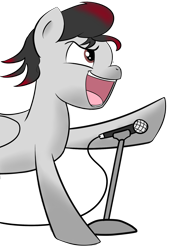 Size: 1769x2557 | Tagged: safe, artist:polynya, imported from twibooru, oc, oc only, oc:chord, earth pony, pony, earth pony oc, frown, image, male, microphone, open mouth, png, raised hoof, simple background, singing, solo, stallion, transparent background