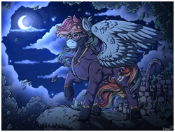 Size: 1280x960 | Tagged: safe, artist:binibean, imported from derpibooru, rainbow dash, pegasus, pony, clothes, costume, crescent moon, falling leaves, female, g4, goggles, leaves, mare, moon, night, partially open wings, raised hoof, shadowbolt dash, shadowbolts costume, solo, windswept mane, wings