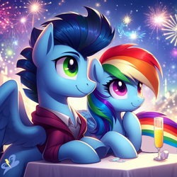 Size: 1024x1024 | Tagged: safe, imported from derpibooru, rainbow dash, soarin', ai content, ai generated, alcohol, champagne, champagne glass, clothes, female, fireworks, g4, generator:bing image creator, happy new year, holiday, jacket, male, prompter:*rainbow dash*, ship:soarindash, shipping, smiling, straight, table, wine