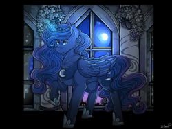 Size: 1280x960 | Tagged: safe, artist:binibean, imported from derpibooru, princess luna, alicorn, pony, canterlot castle, female, full moon, g4, glowing, glowing horn, horn, looking at you, mare, moon, smiling, smiling at you, solo