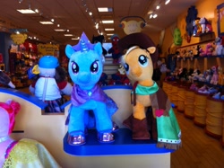 Size: 2592x1936 | Tagged: safe, imported from derpibooru, applejack, trixie, earth pony, unicorn, 2014, build-a-bear, clothes, dress, female, grand galloping gala, irl, mare, photo, plushie