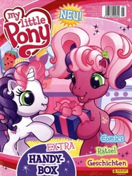 Size: 452x600 | Tagged: safe, imported from derpibooru, cheerilee (g3), sweetie belle (g3), earth pony, pony, unicorn, 2010, 2010s, barcode, bipedal, box, duo, english, female, filly, foal, g3, g3.5, german, kitchen, magazine, mare, merchandise, my little pony logo, needs more jpeg, official, open mouth, open smile, pigtails, present, rearing, smiling, text