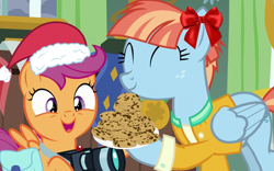 Size: 1023x640 | Tagged: artist needed, safe, edit, edited screencap, imported from derpibooru, screencap, scootaloo, windy whistles, pegasus, pony, parental glideance, ^^, adopted, adopted offspring, bag, camera, christmas, clothes, cookie, cute, cutealoo, duo, eyes closed, female, filly, foal, food, freckles, g4, hat, headcanon, headcanon in the description, holiday, jacket, mare, open mouth, open smile, plate, ribbon, saddle bag, santa hat, scootadoption, scootalove, smiling, song in the description, windybetes