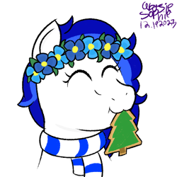 Size: 600x600 | Tagged: safe, artist:ideletedsystem64, imported from derpibooru, pegasus, pony, blue mane, christmas, clothes, cookie, eyes closed, female, floral head wreath, flower, food, happy, holiday, mare, nom, scarf, simple background, solo, white background, white coat