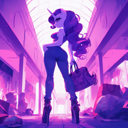 Size: 1024x1024 | Tagged: safe, imported from derpibooru, rarity, anthro, unicorn, abandoned, ai content, ai generated, ass, bag, big breasts, breasts, busty rarity, butt, clothes, curvy, denim, female, g4, handbag, high heels, jeans, low angle, mall, pants, prompter:horselover fat, rear view, sexy, shoes, sideboob, solo, tanktop