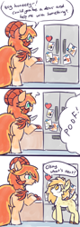 Size: 1318x3707 | Tagged: safe, artist:rivibaes, imported from derpibooru, oc, oc:evanti, oc:orange cream, deer, dracony, dragon, hybrid, pony, comic, dialogue, implied transformation, kitchen, pun, refrigerator