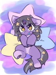 Size: 975x1291 | Tagged: safe, artist:rivibaes, imported from derpibooru, oc, oc:rivibaes, unicorn, female, filly, foal, looking at you, pillow, stars