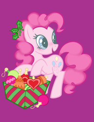 Size: 789x1024 | Tagged: safe, artist:hivecicle, imported from derpibooru, pinkie pie, earth pony, christmas, coloring page, holiday, ornaments, pink coat, pink hair, plant, present, solo