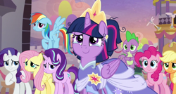 Size: 1050x563 | Tagged: safe, composite screencap, edit, edited screencap, imported from derpibooru, screencap, applejack, fluttershy, pinkie pie, rainbow dash, rarity, spike, starlight glimmer, twilight sparkle, alicorn, dragon, the last problem, clothes, coronation dress, crown, crying, crylight sparkle, dress, jewelry, mane seven, mane six, regalia, second coronation dress, tears of joy, twilight sparkle (alicorn), winged spike, wings