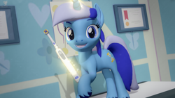 Size: 3840x2160 | Tagged: safe, artist:silkworm205, imported from derpibooru, minuette, pony, unicorn, 3d, doctor's office, download at source, downloadable, fluffy mane, fluffy tail, levitation, magic, raised hoof, revamped ponies, solo, source filmmaker, source filmmaker resource, staring at you, tail, telekinesis, toothbrush, unshorn fetlocks