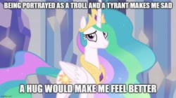 Size: 888x499 | Tagged: safe, edit, imported from derpibooru, screencap, princess celestia, equestria girls, equestria girls (movie), bronybait, caption, celestia defence, hug request, image macro, imgflip, op has a point, op is right, sad, sadlestia, text