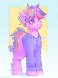 Size: 1500x2000 | Tagged: safe, artist:adagiostring, imported from derpibooru, oc, oc only, unicorn, clothes, commission, cute, female, full body, looking up, purple eyes, shirt, simple background, solo, solo female, standing, two toned hair