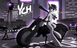 Size: 4200x2600 | Tagged: safe, artist:chamommile, imported from derpibooru, oc, bat, pony, any gender, any race, any species, belly, bicycle, biker, cel shading, chest fluff, city, cityscape, colored, commission, concave belly, full body, long legs, looking at you, shading, slender, solo, standing, thin, ych sketch, your character here