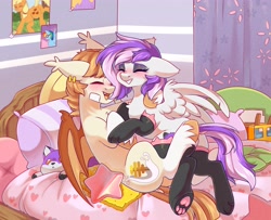 Size: 4096x3321 | Tagged: safe, artist:cheekipone, applejack, rainbow dash, oc, oc only, oc:honey milk, oc:mewio, bat pony, bee, insect, pegasus, pony, bat pony oc, bat wings, bed, bee plush, blushing, butt, cat lingerie, clothes, cuddling, cuddling in bed, curtains, dock, duo, ear piercing, ear tufts, eyes closed, eyeshadow, fangs, female, leaf, lingerie, lying, lying on bed, lying on top of someone, makeup, male, mare, oc x oc, pegasus oc, piercing, pillow, plushie, poster, rule 63, shipping, smiling, socks, stallion, stars, teeth, unshorn fetlocks, vandage, wings