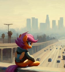 Size: 1491x1660 | Tagged: safe, artist:yidwags, imported from derpibooru, scootaloo, pegasus, pony, car, clothes, contemplating, highway, hoodie, los angeles, scenery, sitting, smog, solo