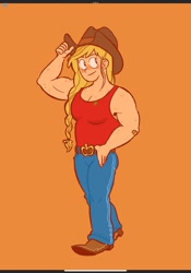 Size: 1431x2048 | Tagged: safe, artist:jessofthesketch, imported from derpibooru, applejack, human, applejack's hat, belt, braid, clothes, cowboy hat, denim, female, freckles, g4, hat, humanized, jeans, muscles, muscular female, orange background, pants, simple background, solo, tanktop