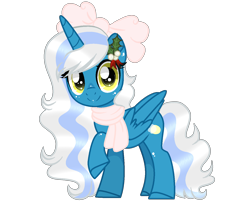 Size: 1416x1154 | Tagged: safe, artist:zorixn, imported from derpibooru, oc, oc only, oc:fleurbelle, alicorn, pony, alicorn oc, bow, clothes, cute, female, hair bow, holly, horn, looking at you, mare, scarf, simple background, smiling, smiling at you, solo, transparent background, wings, yellow eyes