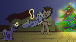 Size: 1920x1080 | Tagged: safe, artist:platinumdrop, imported from derpibooru, derpy hooves, dinky hooves, doctor whooves, time turner, earth pony, pegasus, unicorn, blanket, christmas, christmas tree, commission, couch, female, filly, foal, holiday, lights, magic, male, mare, sleeping, stallion, telekinesis, tree