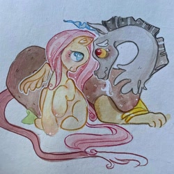 Size: 1080x1080 | Tagged: safe, artist:ella.doodles, imported from derpibooru, discord, fluttershy, female, heart, heart eyes, looking at each other, looking at someone, male, ship:discoshy, shipping, sketchbook, sketchbook art, straight, traditional art, watercolor painting, wingding eyes