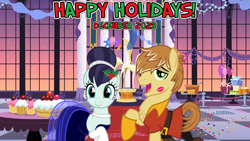 Size: 2064x1161 | Tagged: safe, anonymous artist, artist:cloudy glow, imported from derpibooru, coloratura, feather bangs, earth pony, 2023, all i want for christmas is you, canterlot, canterlot castle interior, christmas, clothes, colorabangs, december, dress, duet, duo, female, flower, flower in hair, gala, happy holidays, hearth's warming, holiday, holly, kiss mark, lipstick, lyrics in the description, male, mare, party, shipping, shirt, singing, smiling, song in the description, song reference, stallion, straight, youtube link in the description