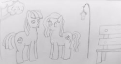 Size: 2872x1512 | Tagged: safe, artist:elidiotadelaesquina, imported from derpibooru, oc, oc only, oc:allie dente, oc:bowly, earth pony, earth pony oc, female, male, mare, stallion, traditional art