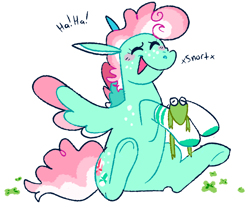 Size: 2048x1716 | Tagged: safe, artist:goatpaste, imported from derpibooru, minty, frog, pegasus, pony, clothes, g3, laughing, simple background, socks, solo, spread wings, white background, wings