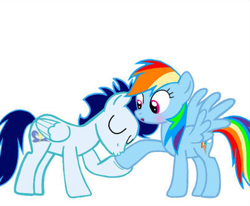 Size: 402x332 | Tagged: safe, imported from ponybooru, rainbow dash, soarin', pegasus, pony, female, hoof kissing, kissing, male, mare, shipping, simple background, soarindash, stallion, straight, white background