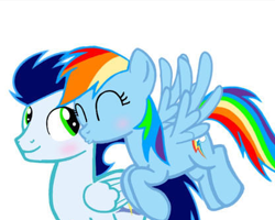 Size: 415x332 | Tagged: safe, imported from ponybooru, rainbow dash, soarin', pegasus, pony, cheek kiss, female, kissing, male, mare, shipping, simple background, soarindash, stallion, straight, white background