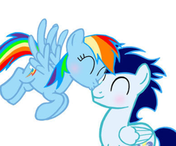 Size: 392x326 | Tagged: safe, imported from ponybooru, rainbow dash, soarin', pegasus, pony, female, kiss, kissing, male, mare, nose kiss, shipping, simple background, soarindash, stallion, straight, white background