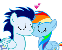 Size: 413x331 | Tagged: safe, imported from ponybooru, rainbow dash, soarin', pegasus, pony, female, kiss on the lips, kissing, male, mare, shipping, simple background, soarindash, stallion, straight, white background