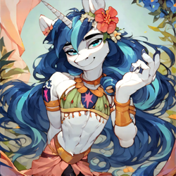 Size: 4096x4096 | Tagged: safe, imported from derpibooru, shining armor, anthro, ai content, ai generated, alternate hairstyle, armband, bra, bracelet, clothes, crossdressing, femboy, flower, flower in hair, jewelry, long hair, male, necklace, prompter:skaobi, shining femboy armor, skirt, underwear