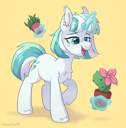 Size: 1926x1965 | Tagged: safe, artist:skysorbett, imported from derpibooru, oc, oc only, pony, unicorn, cactus, chest fluff, ear piercing, earring, eyebrows, female, flower pot, freckles, glowing, glowing horn, horn, jewelry, levitation, lidded eyes, magic, magic aura, mare, oc name needed, open mouth, open smile, piercing, plant, simple background, smiling, solo, telekinesis, unicorn oc