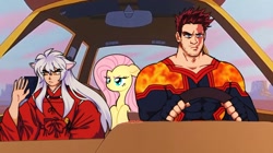 Size: 1278x715 | Tagged: safe, artist:kirakensa, imported from derpibooru, fluttershy, demon, human, pegasus, pony, crossover, driving, endeavor, female, floppy ears, frown, goofy movie meme, inuyasha, inuyasha (character), mare, meme, my hero academia, todoroki enji, unamused