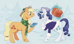 Size: 1631x987 | Tagged: safe, artist:beyhr, imported from derpibooru, applejack, rarity, earth pony, pony, unicorn, blush scribble, blushing, clothes, coat, female, heart, hearth's warming, hoof hold, lesbian, levitation, looking at each other, looking at someone, magic, mare, present, scarf, ship:rarijack, shipping, smiling, smiling at each other, telekinesis