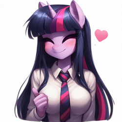 Size: 2048x2048 | Tagged: safe, imported from derpibooru, twilight sparkle, anthro, unicorn, ^^, ai content, ai generated, blushing, breasts, busty twilight sparkle, clothes, eyes closed, generator:bing image creator, heart, high res, necktie, prompter:krivovyaz, shirt, simple background, smiling, solo, thumbs up, white background