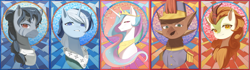 Size: 10001x2800 | Tagged: safe, artist:jijizi, imported from derpibooru, autumn blaze, princess celestia, oc, oc:alexander kemerskai, oc:jezabzella zeshmid, oc:river swirl, pony, equestria at war mod, bust, portrait, stained glass