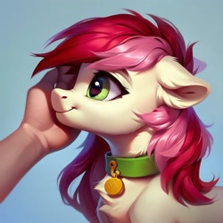 Size: 1024x1024 | Tagged: safe, imported from derpibooru, roseluck, earth pony, human, pony, ai content, ai generated, behaving like a cat, chest fluff, collar, female, female focus, g4, generator:purplesmart.ai, generator:stable diffusion, hand, human on pony petting, offscreen character, offscreen human, pet tag, petting, pony pet, prompter:doom9454, rosepet, simple background, smiling, solo focus