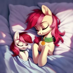 Size: 620x619 | Tagged: safe, imported from derpibooru, roseluck, earth pony, pony, age difference, ai content, ai generated, bed, behaving like a cat, collar, duality, duo, duo female, eyes closed, female, g4, generator:purplesmart.ai, generator:stable diffusion, in bed, pet tag, pony pet, prompter:doom9454, rosepet, self paradox, self ponidox, size difference