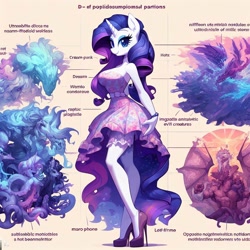 Size: 1024x1024 | Tagged: safe, imported from derpibooru, rarity, anthro, unicorn, adorasexy, ai content, ai generated, big breasts, breasts, busty rarity, clothes, curvy, cute, diagram, dress, female, g4, high heels, hourglass figure, looking at you, prompter:horselover fat, sexy, shoes, solo, surreal, unreadable text