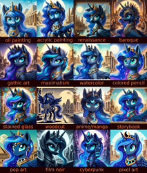 Size: 4096x4800 | Tagged: safe, imported from derpibooru, princess luna, alicorn, pony, absurd file size, absurd resolution, ai content, ai generated, ancient egypt, anime style, building, clothes, cyberpunk, egyptian, female, full moon, g4, generator:dall-e 3, grid, looking at you, mare, modern art, moon, noir, outdoors, pixel art, pop art, prompt in description, prompter:tyto4tme4l, sky, smiling, smiling at you, solo, spread wings, stained glass, the quality of ai art is frightening, tutorial, wings, woodcut