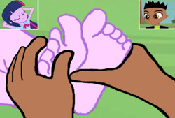 Size: 1087x735 | Tagged: safe, artist:yungdeez, imported from derpibooru, twilight sparkle, oc, oc:spidoor, equestria girls, barefoot, feet, fetish, foot fetish, foot focus, foot massage, soles, toes