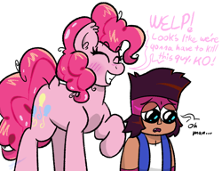 Size: 650x500 | Tagged: safe, artist:aj flame ss6, imported from derpibooru, pinkie pie, earth pony, human, pony, blushing, dialogue, duo, eyes closed, female, i think we're gonna have to kill this guy, k.o. (ok k.o.!), mare, meme, ok ko let's be heroes, simple background, speech bubble, white background