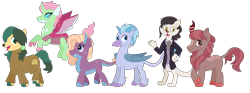 Size: 3400x1264 | Tagged: safe, artist:miss-barker, imported from derpibooru, oc, oc only, oc:bright star, oc:crimson blossom, oc:ladybird, oc:periwinkle, oc:saul, oc:shoreline, abyssinian, dracony, dragon, hippogriffon, hybrid, kirin, original species, pony, yakony, adopted offspring, female, g4, group, interspecies offspring, magical lesbian spawn, male, offspring, parent:aunt holiday, parent:auntie lofty, parent:gallus, parent:mina, parent:ocellus, parent:sandbar, parent:silverstream, parent:smolder, parent:star tracker, parent:yona, parents:gallstream, parents:smolcellus, parents:yonabar, simple background, transparent background