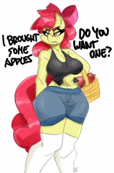 Size: 2700x4096 | Tagged: safe, artist:flutterthrash, imported from derpibooru, apple bloom, anthro, earth pony, 2d, apple, basket, bow, breasts, cleavage, clothes, dialogue, female, food, g4, hair bow, lidded eyes, midriff, older, older apple bloom, shorts, simple background, socks, solo, thigh highs, unamused, white background