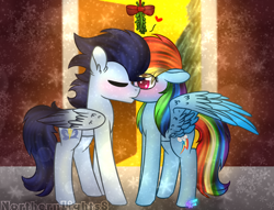 Size: 1024x782 | Tagged: safe, artist:northlights8, imported from ponybooru, rainbow dash, soarin', pegasus, pony, female, kiss on the lips, kissing, male, mare, mistletoe, shipping, soarindash, stallion, straight